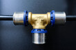 Multipurpose press fitting for multilayer pipes placed on a stand. Plumbing equipment