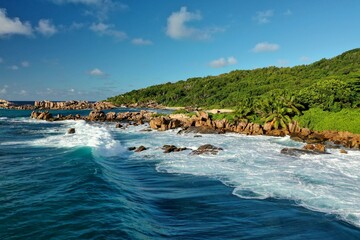 Wall Mural - Aerial view of the most beautiful beach in the world. Nature background. La Digue island, Seychelles