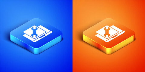 Poster - Isometric Laptop with wrench icon isolated on blue and orange background. Adjusting, service, setting, maintenance, repair, fixing. Square button. Vector