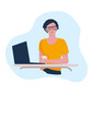 © eto100ya - A young man with glasses sits at a desk with a laptop and a cup of coffee. Homeschooling and remote work. Cartoon style, vector