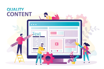 People create different quality content for social media. Copywriter with pencil writes articles for website or blogs