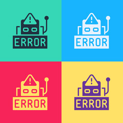Poster - Pop art Error in the operation program of the robot icon isolated on color background. A broken chip of a robot. Vector