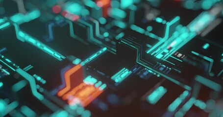 Poster - technology background with abstract circuitry. data flow, square elements and flickering dots on bla
