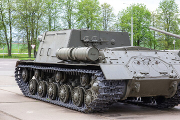 Rear view of the ISU-152 tank. Soviet self-propelled gun developed and used during World War II