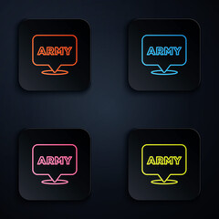 Poster - Color neon line Military army icon isolated on black background. Set icons in square buttons. Vector