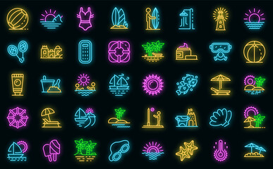 Wall Mural - Beach landscape icons set. Outline set of beach landscape vector icons neon color on black