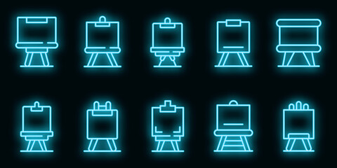 Poster - Easel icons set. Outline set of easel vector icons neon color on black