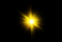 Starburst With Sparkles And Rays. Golden Light Flare Effect With Stars And Glitter Isolated On Transparent Background. Gold Illustration Of Shiny Glow Star With Stardust And Big Ray, Gold Lens Flare