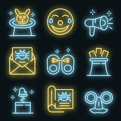 Poster - Hoax icons set. Outline set of hoax vector icons neon color on black