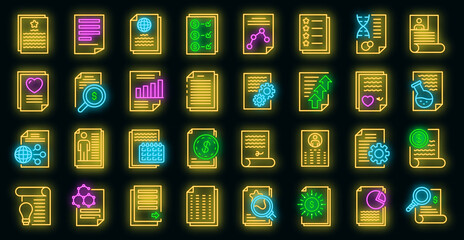 Poster - Reporter icons set. Outline set of reporter vector icons neon color on black
