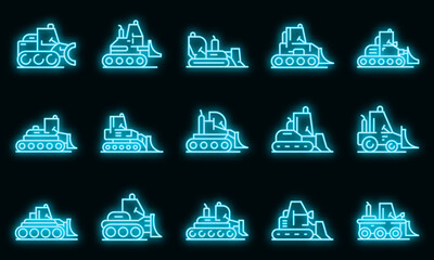 Poster - Bulldozer icons set. Outline set of bulldozer vector icons neon color on black
