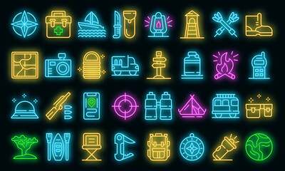 Poster - Safari equipment icons set. Outline set of safari equipment vector icons neon color on black