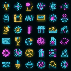 Poster - Biophysics icons set. Outline set of biophysics vector icons neon color on black