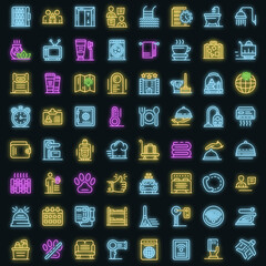 Wall Mural - Room service icons set. Outline set of room service vector icons neon color on black