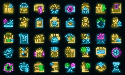 Poster - advertising agent icons set. outline set of advertising agent vector icons neon color on black