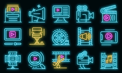 Poster - Clip maker icons set. Outline set of clip maker vector icons neon color on black
