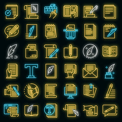 Poster - Copywriter icons set. Outline set of copywriter vector icons neon color on black