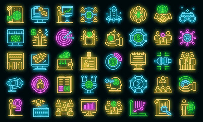 Poster - Account manager icons set. Outline set of account manager vector icons neon color on black