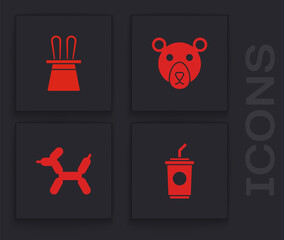 Poster - Set Paper glass with water, Magician hat and rabbit ears, Bear head and Balloon dog icon. Vector