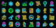 Cartographer icons set. Outline set of cartographer vector icons neon color on black