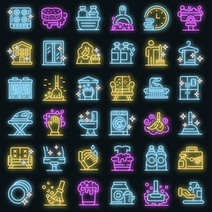 Wall Mural - Cleaning services icons set. Outline set of cleaning services vector icons neon color on black