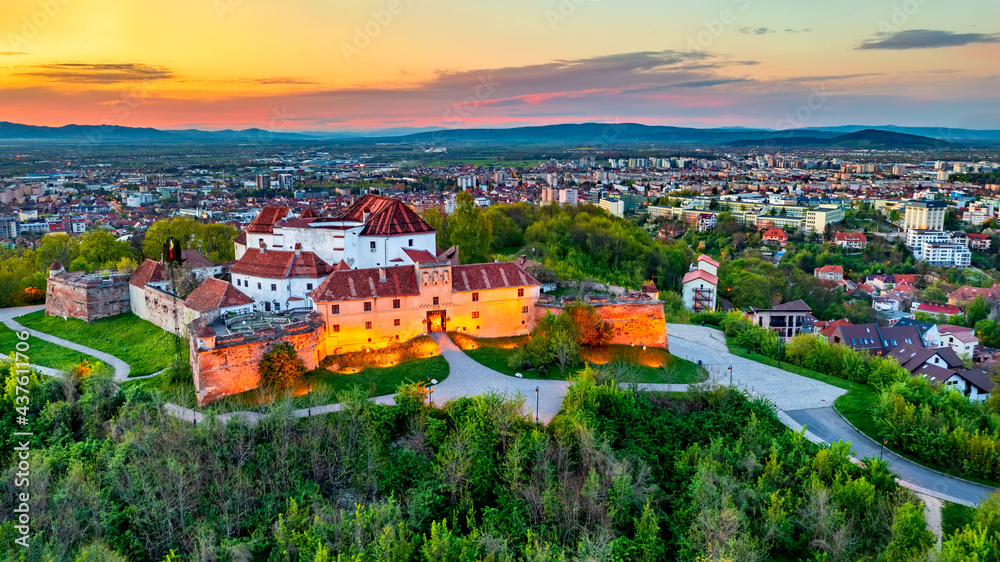Brasov, Romania - Sunset aerial view of Citadel - obrazy, fototapety, plakaty 