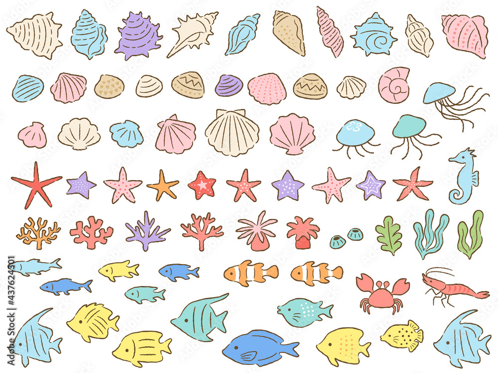 Stock-Vektorgrafik „海の生き物の手描き風イラストセット“ | Adobe Stock