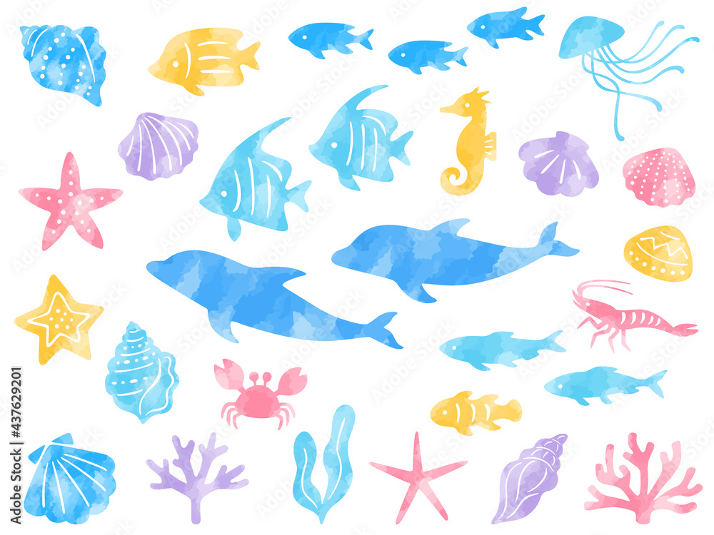 海の生き物の水彩風イラストセット Wall Mural Wallpaper Murals Nora Hachio