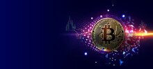 Bitcoin Digital Money Levitates And Graph, Business Banner On Dark Blue Background - Bitcoin Mining Concept