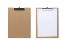 Top View Closed Up Classic Wooden Clipboard Isolated And White Background With Blank Paper And Clipping Path