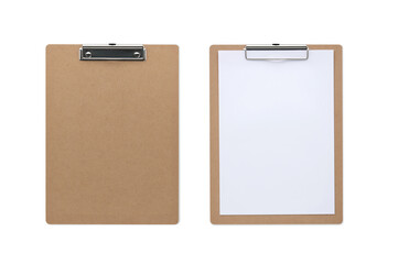 top view closed up classic wooden clipboard isolated and white background with blank paper and clipp