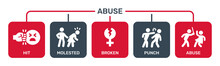 Violence, Molested, Rape, Punch, Conflict And Abuse Icons. Vector Illustration