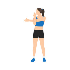 Wall Mural - Woman doing Shoulder stretch exercise. Flat vector illustration isolated on white background