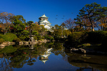 Osaka Castle And Autumn Garden With Reflection On Water