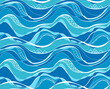 Seamless pattern with blue and turquoise waves with white tribal pattern. Water surface. Vector texture of the ocean and rivers. Wallpaper with a sea ornament. Summer beach fabric with boho decoration