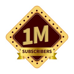 Poster - royal 1 million subscriber celebration badge with golden color ribbon on white background, dark and 