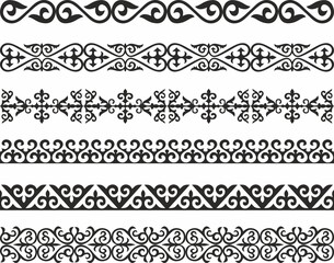 Vector set of Kazakh national ornaments. Borders and frames for sandblasting. Details and elements for design and postcards
