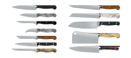 Kitchen knives. Realistic cooking tools. 3D sharp stainless steel daggers with wooden and marble handles. Isolated kitchenware set for food cutting. Vector types of cookers equipment