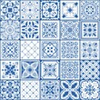 © SpicyTruffel - Portugal tile. Spanish square floor and wall covers. Blue and white ornamental arabesque pattern. Geometric patchwork flooring samples set. Vector abstract traditional mosaic texture
