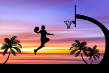 Basketball Players Jumping Dunk Silhouettes On A Beautiful Outdoor Basketball Court In The Evening.