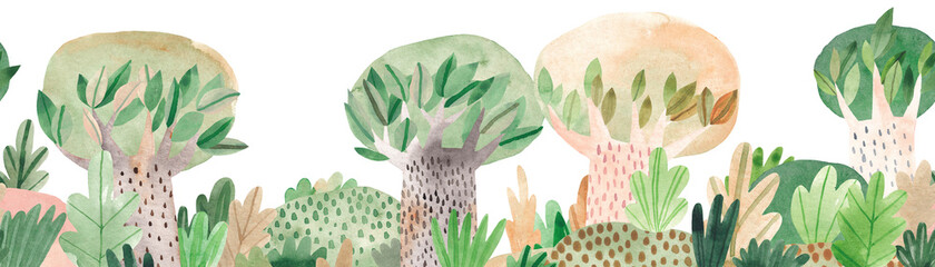 Cute watercolor illustration. Watercolor forest. Wildlife. Forest view. Horizontal nanner. Seamless pattern.
