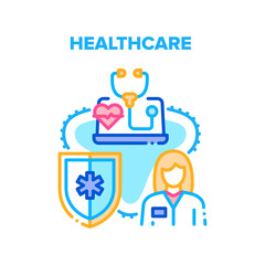 Poster - Healthcare Clinic Diagnostic Vector Icon Concept. Doctor Healthcare Examination And Treatment In Hospital And Remote Consultation. Health Protection And Life Safe Color Illustration