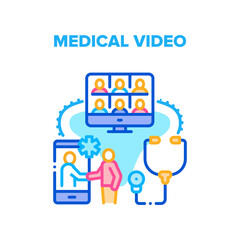 Wall Mural - Medical Video Conference Vector Icon Concept. Medical Video Call Meeting And Online Remote Patient Consultation And Examination. Doctor Face Time Communication With Sick Color Illustration