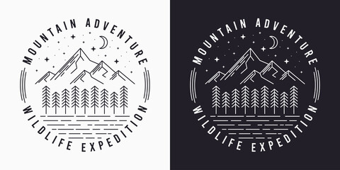 Line style t-shirt design with mountains, trees, night sky and slogan. Typography graphics for tee shirt design. Vintage apparel print. Vector illustration.