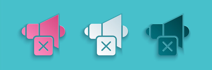 Poster - Paper cut Speaker mute icon isolated on blue background. No sound icon. Volume Off symbol. Paper art style. Vector