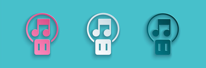 Poster - Paper cut Pause button icon isolated on blue background. Paper art style. Vector