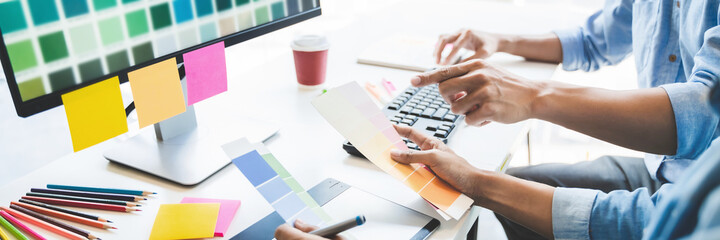 Fototapete - Graphic design using graphics tablet .drawing creative logo design brand designer sketch with Color swatch samples.