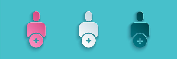 Poster - Paper cut Add to friend icon isolated on blue background. Paper art style. Vector