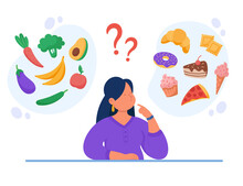 Healthy Vs Unhealthy Food Vector Flat Illustration. Woman Thinking Over Junk Food And Organic Snack. Diet, Bad Or Good Choice Concept.