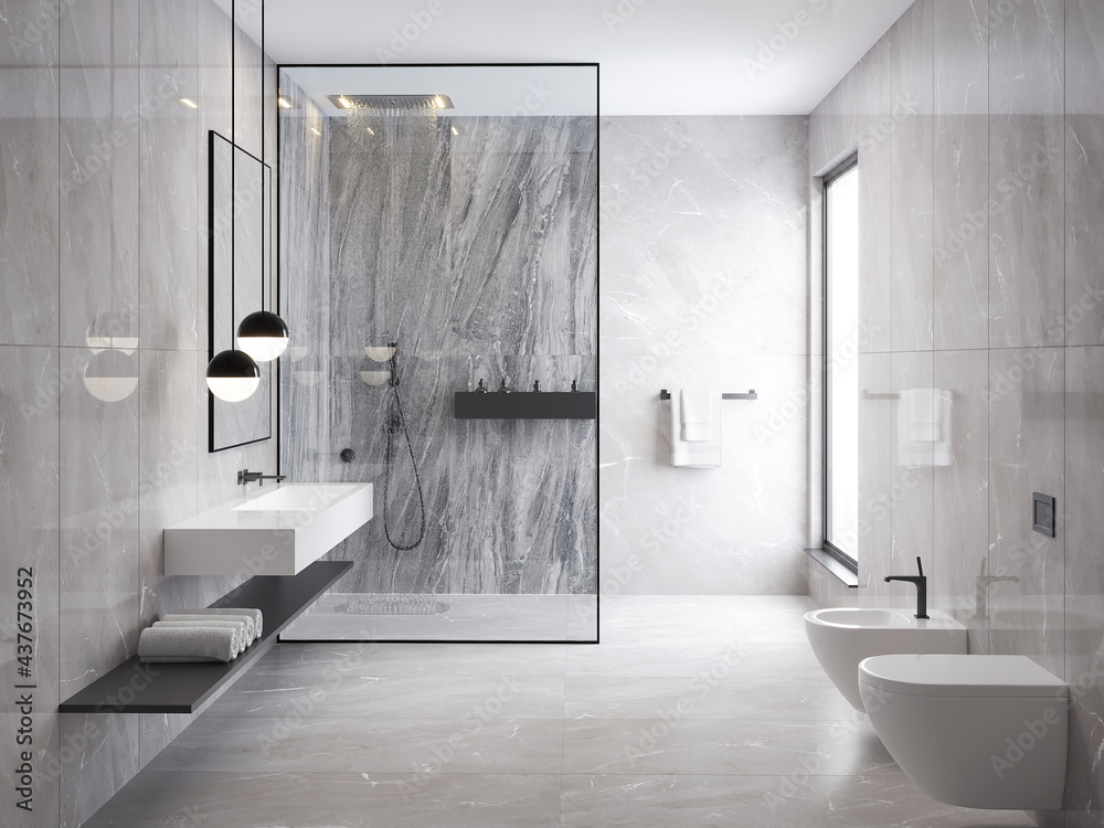 3d rendering of a grey minimal stone bathroom with a shower cabin and a toilet - obrazy, fototapety, plakaty 